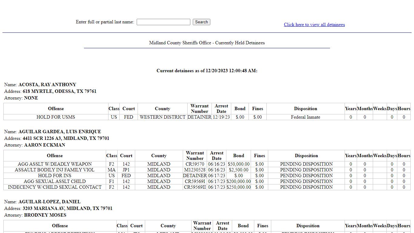 Midland County Sheriffs Office - Currently Held Detainees